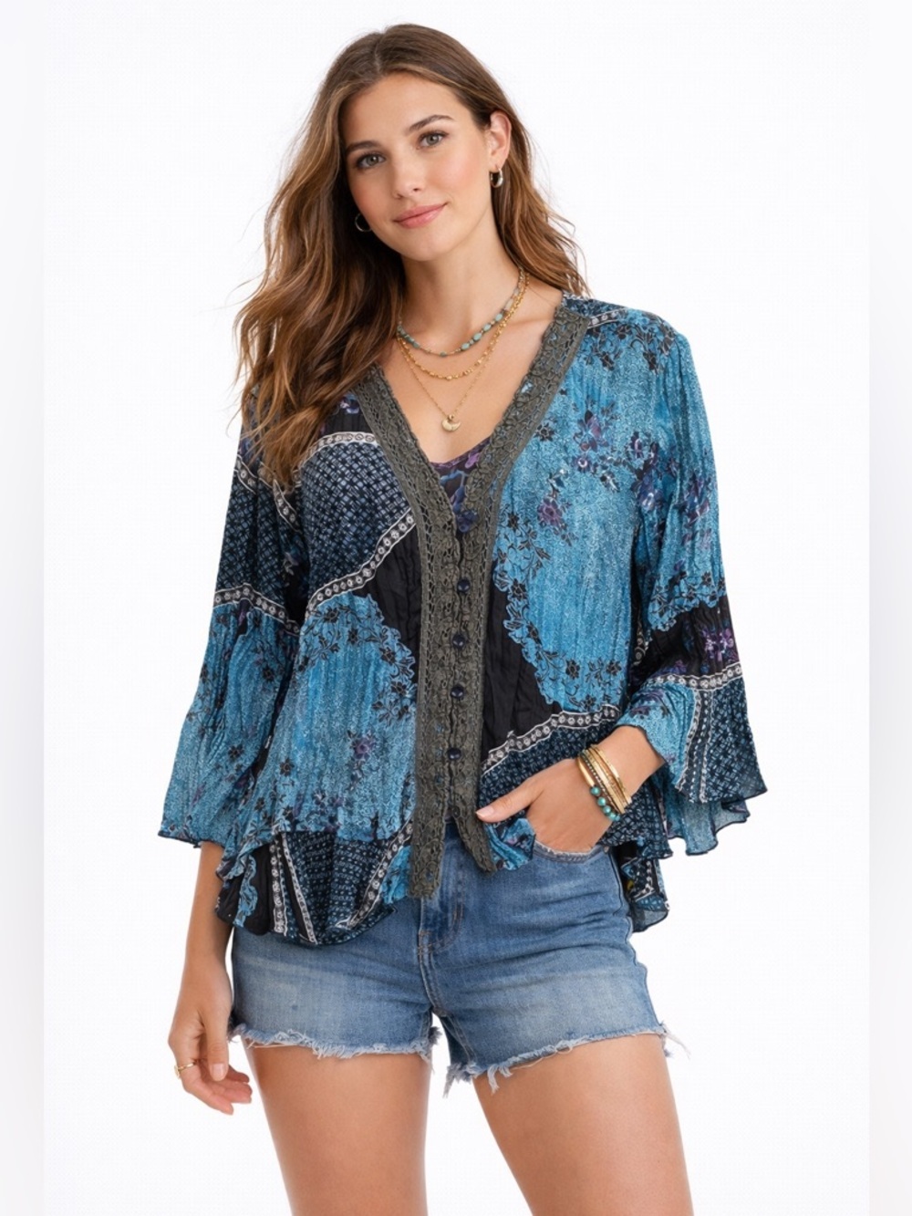 Dressbarn Boho Patchwork Lace Trim Peasant Top L Flowy 3/4 Bell Sleeve Blouse